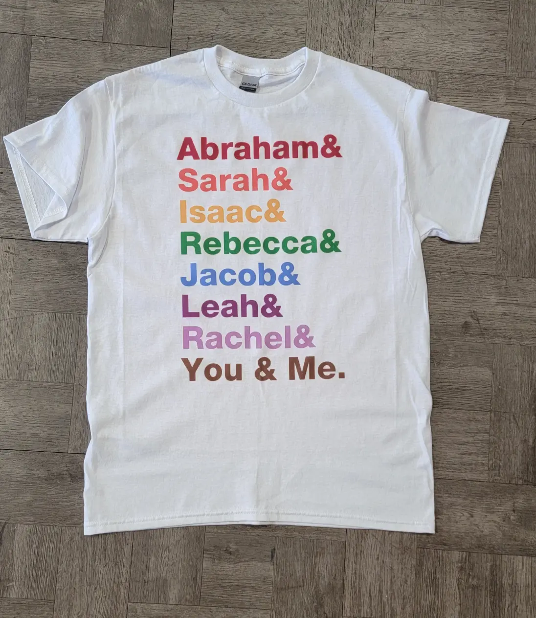 white tshirt with names on it