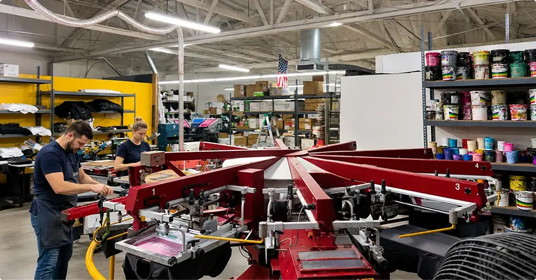Yes We Print in-house screen printing production floor in Los Angeles