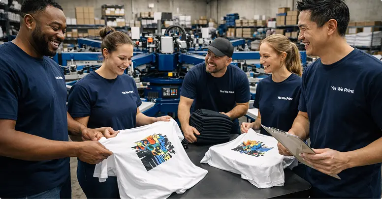 Yes We Print production team working on custom apparel orders