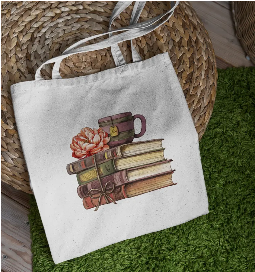 White tote bag with books print