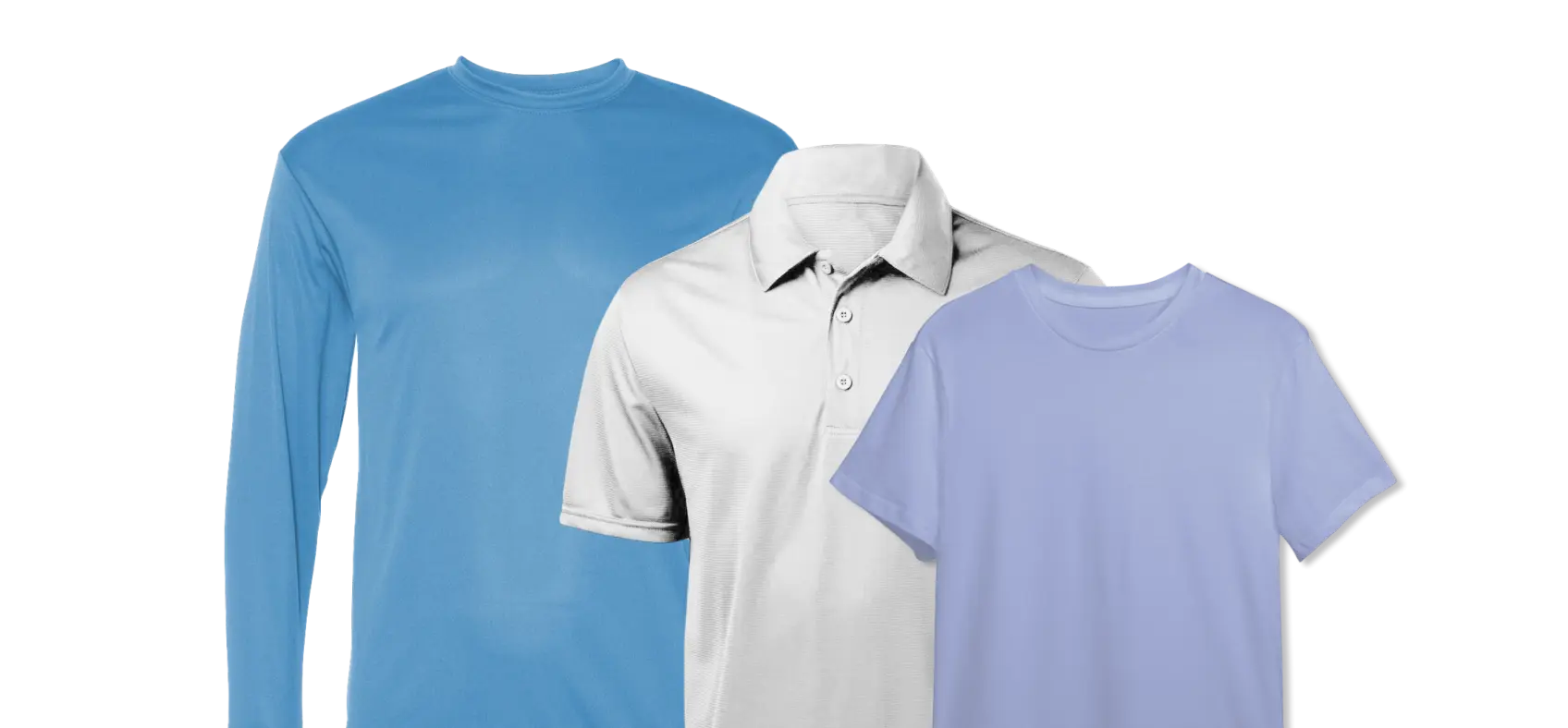 Blue long sleeve, white polo, lilac color t-shirt