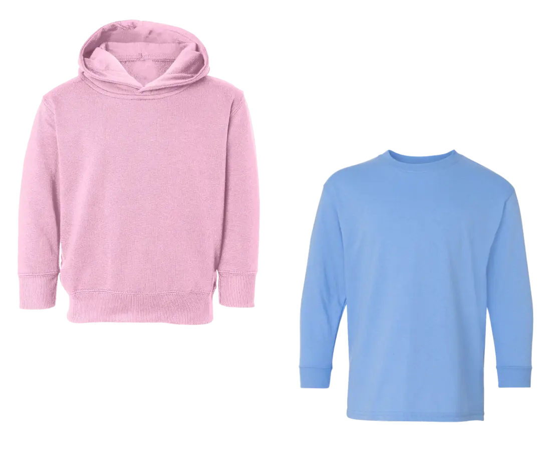 Pink hoodie and blue sweatshirt