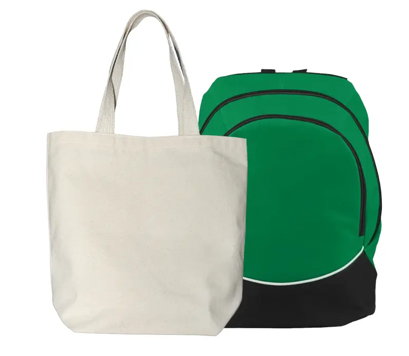Beige color tote bag and green color backpack