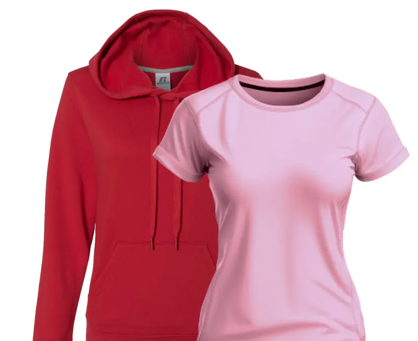 Red women's hoodie and pink women's t-shirt