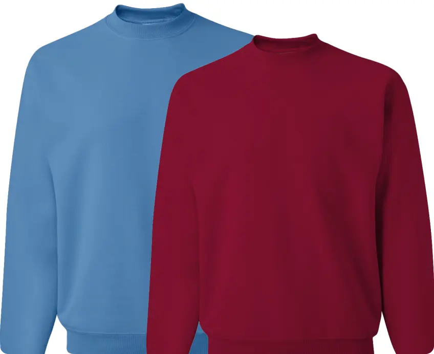 Blue and burgundy sweatshirts