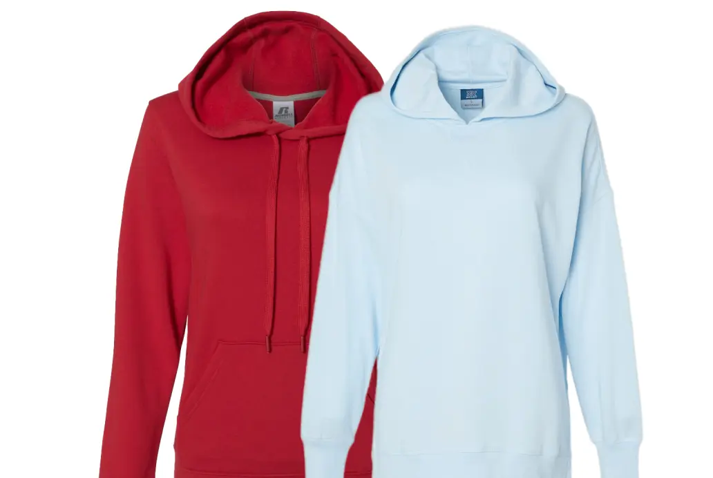 Red and light blue women's hoodies