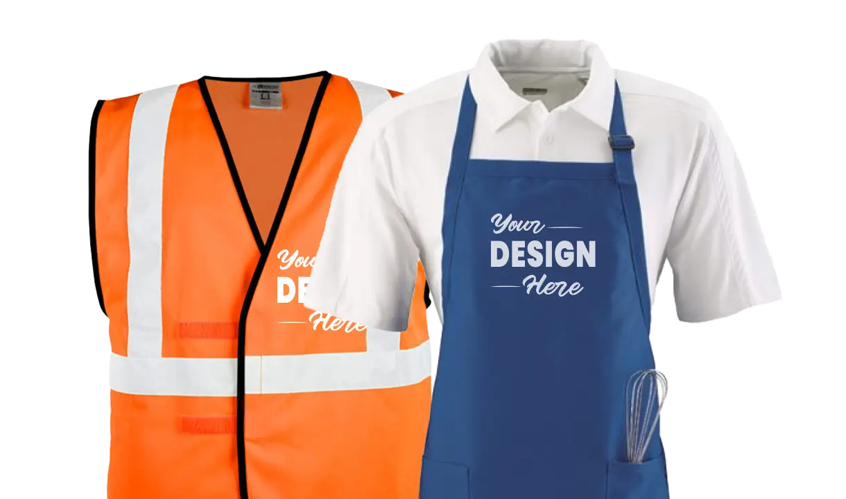 Orange color safety vest and navy color apron