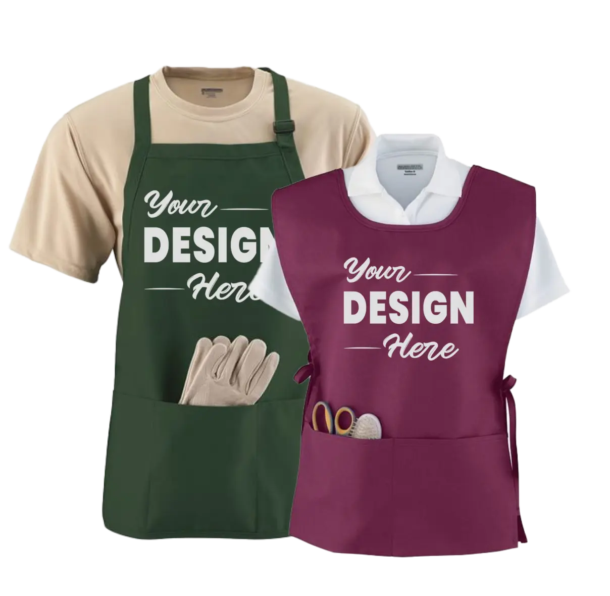 Green and burgundy aprons