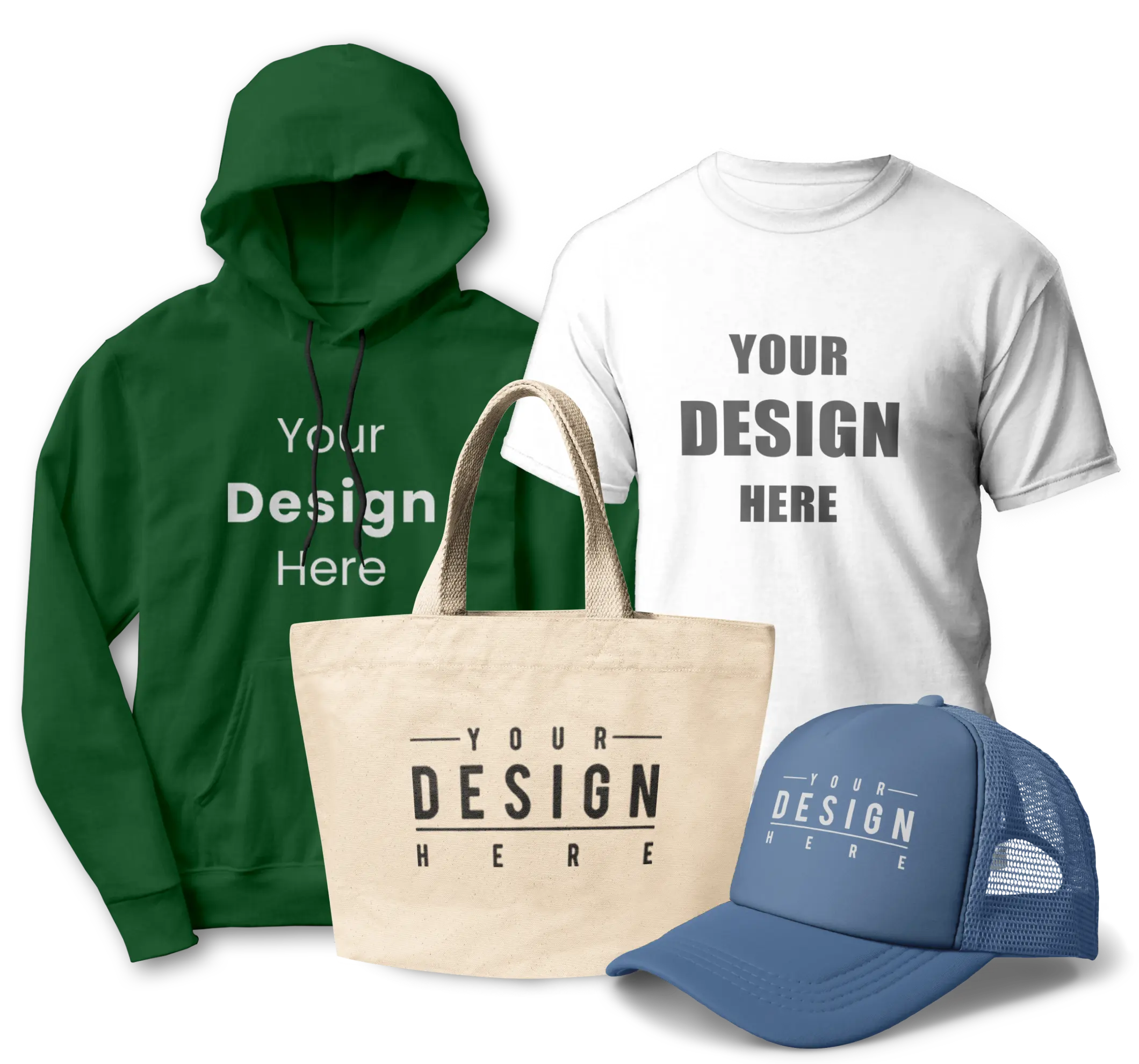 Custom hoodie, t-shirt, tote bag and hat