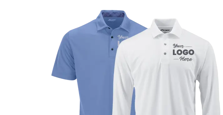 Two men's polo shirts in white and blue